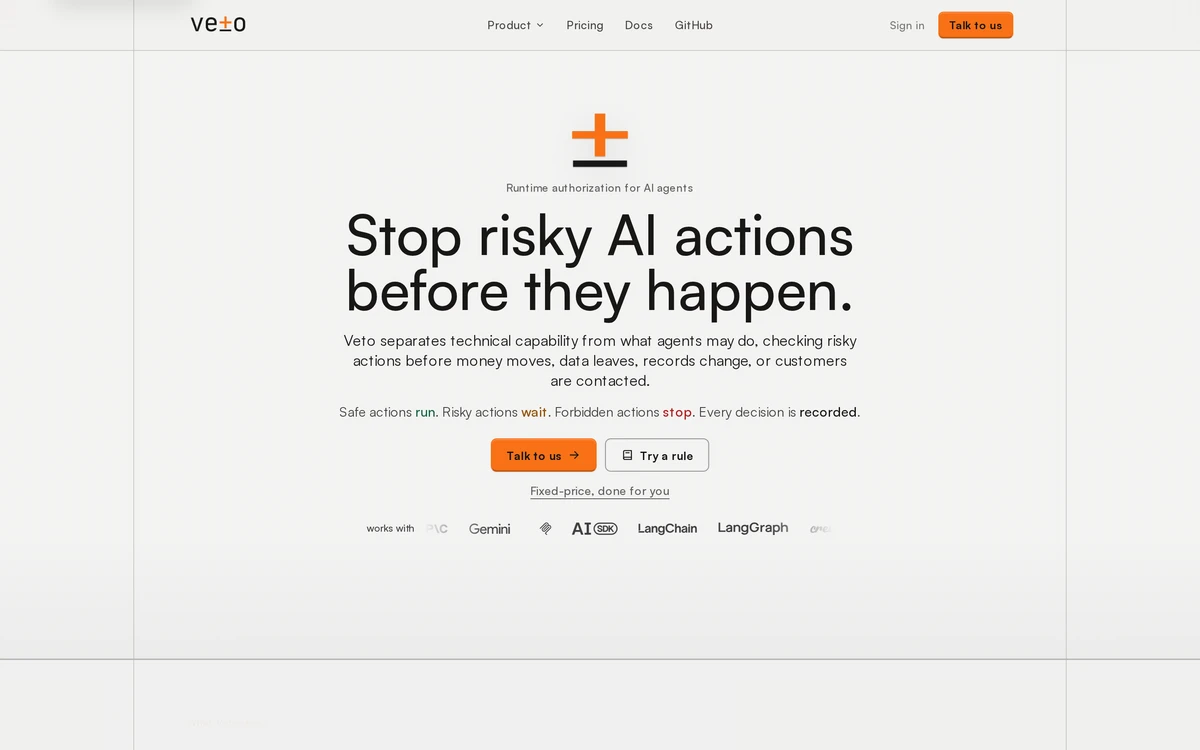 The veto.so homepage: Stop risky AI actions before they happen.